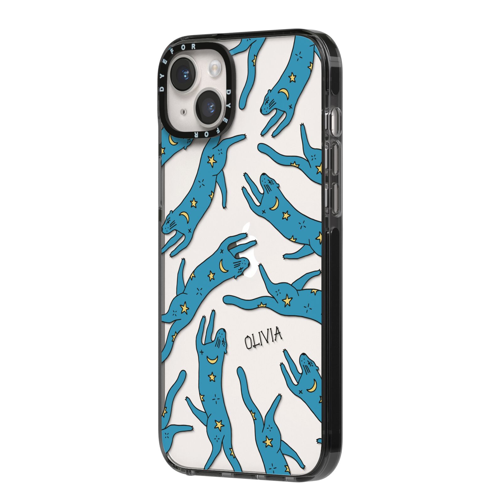 Moon Star Blue Cat Personalised iPhone 14 Plus Black Impact Case Side Angle on Silver phone
