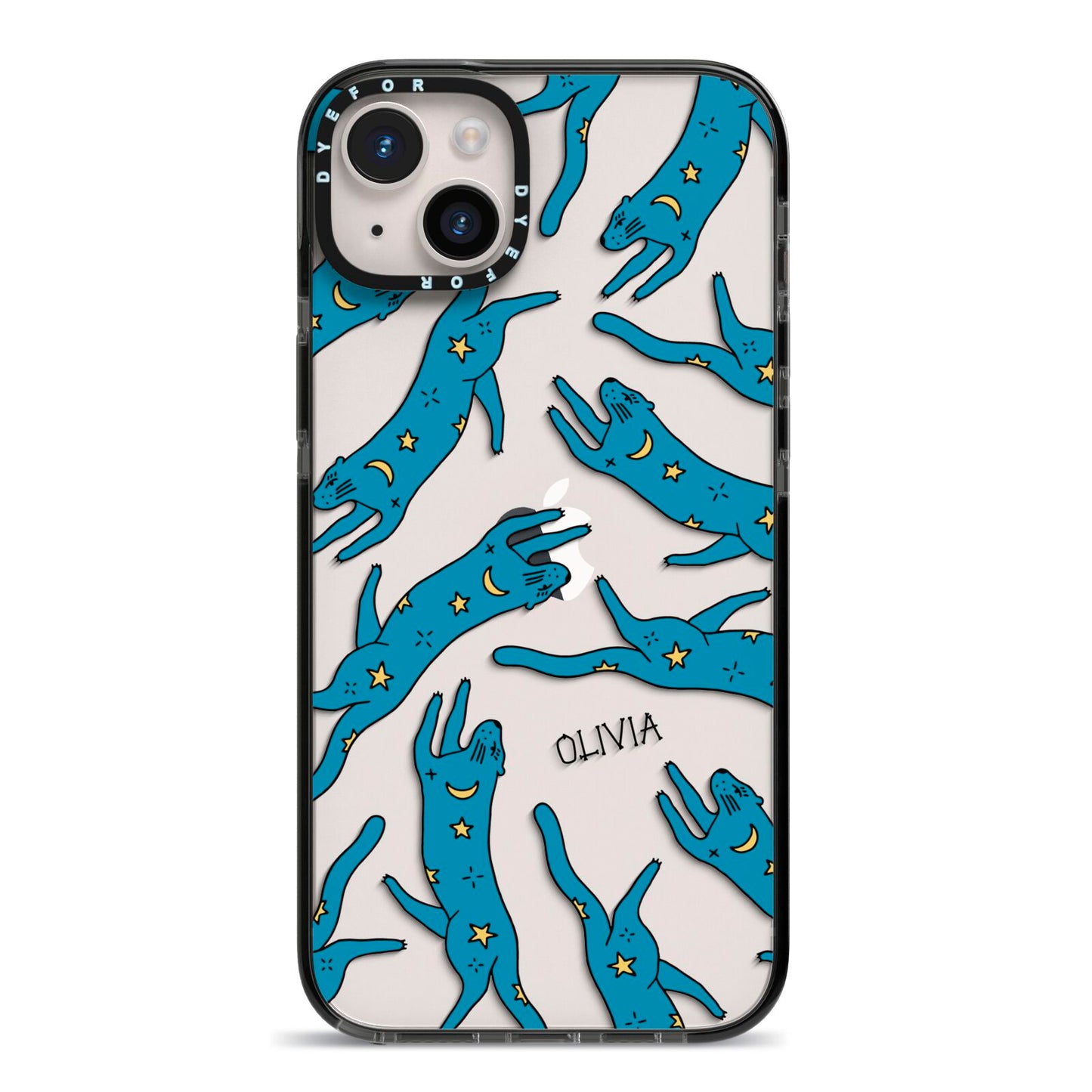 Moon Star Blue Cat Personalised iPhone 14 Plus Black Impact Case on Silver phone