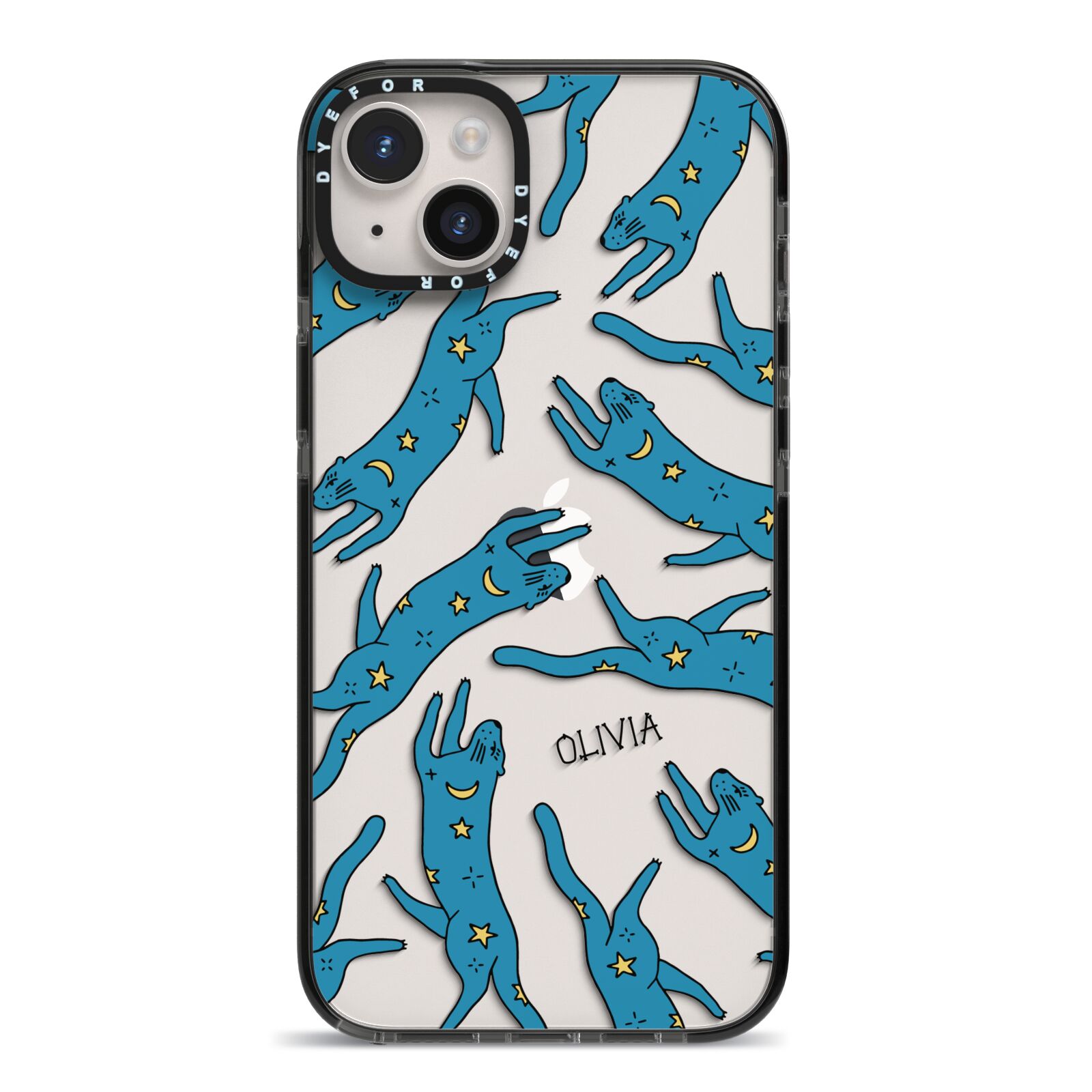 Moon Star Blue Cat Personalised iPhone 14 Plus Black Impact Case on Silver phone