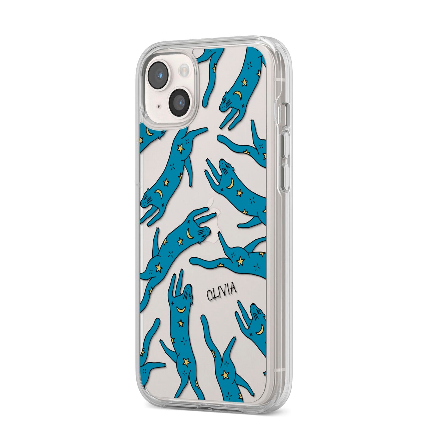 Moon Star Blue Cat Personalised iPhone 14 Plus Clear Tough Case Starlight Angled Image
