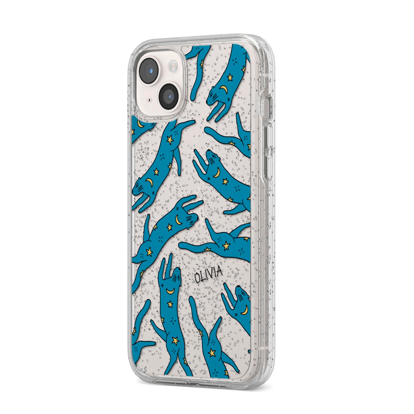 Moon Star Blue Cat Personalised iPhone 14 Plus Glitter Tough Case Starlight Angled Image
