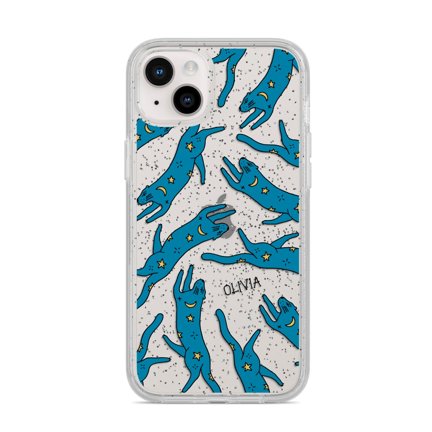 Moon Star Blue Cat Personalised iPhone 14 Plus Glitter Tough Case Starlight