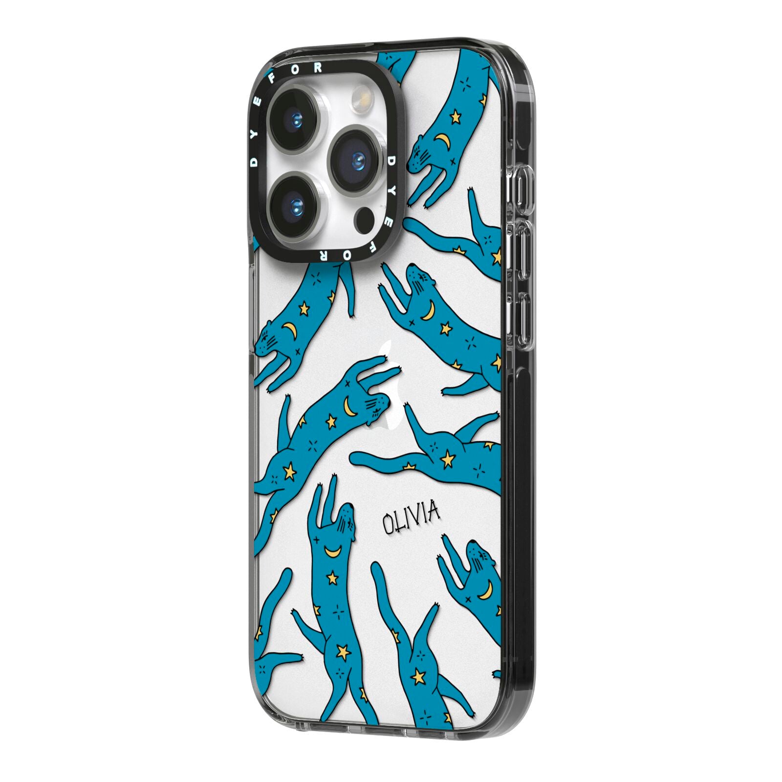 Moon Star Blue Cat Personalised iPhone 14 Pro Black Impact Case Side Angle on Silver phone