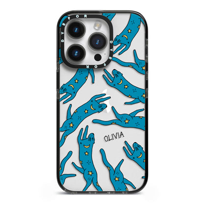 Moon Star Blue Cat Personalised iPhone 14 Pro Black Impact Case on Silver phone
