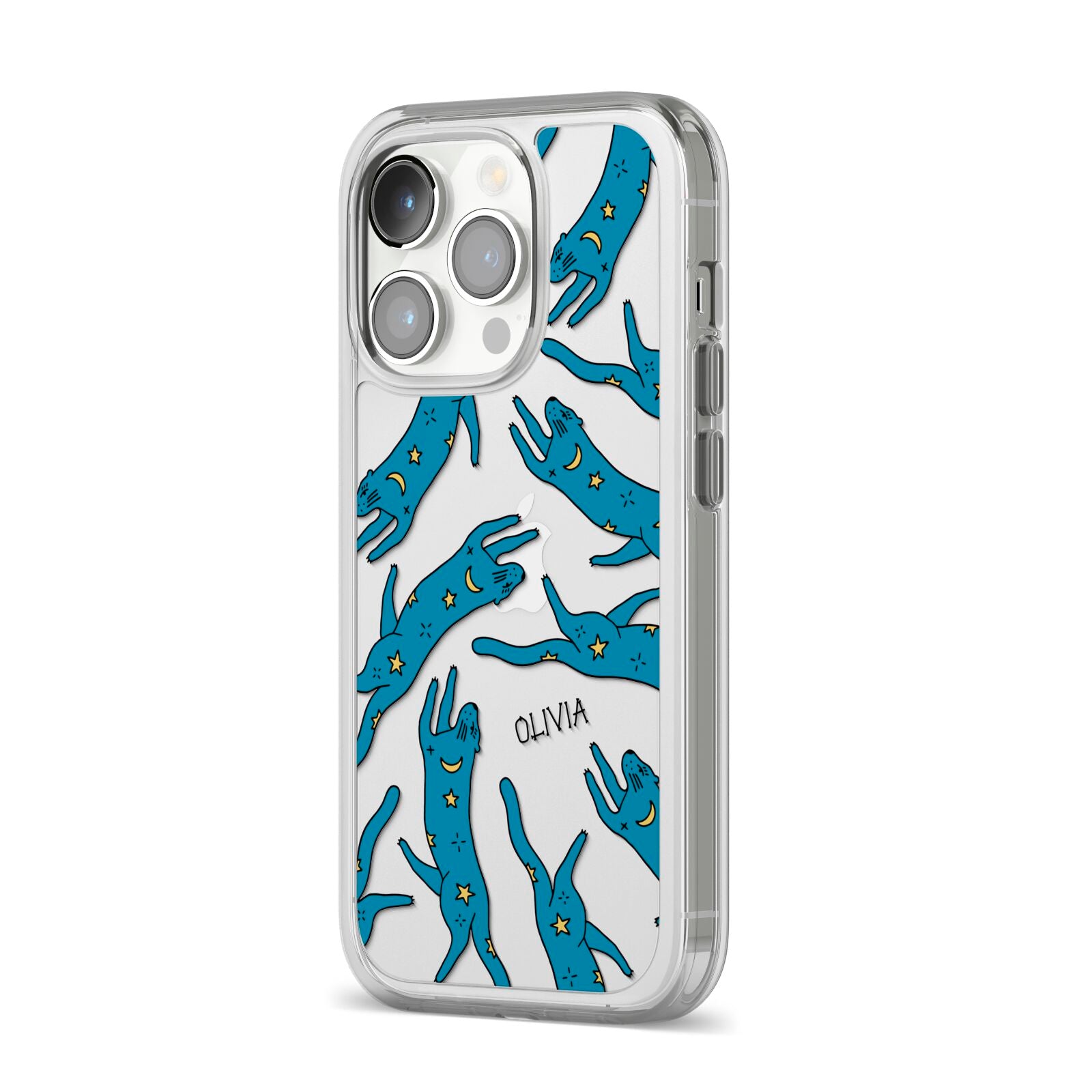 Moon Star Blue Cat Personalised iPhone 14 Pro Clear Tough Case Silver Angled Image