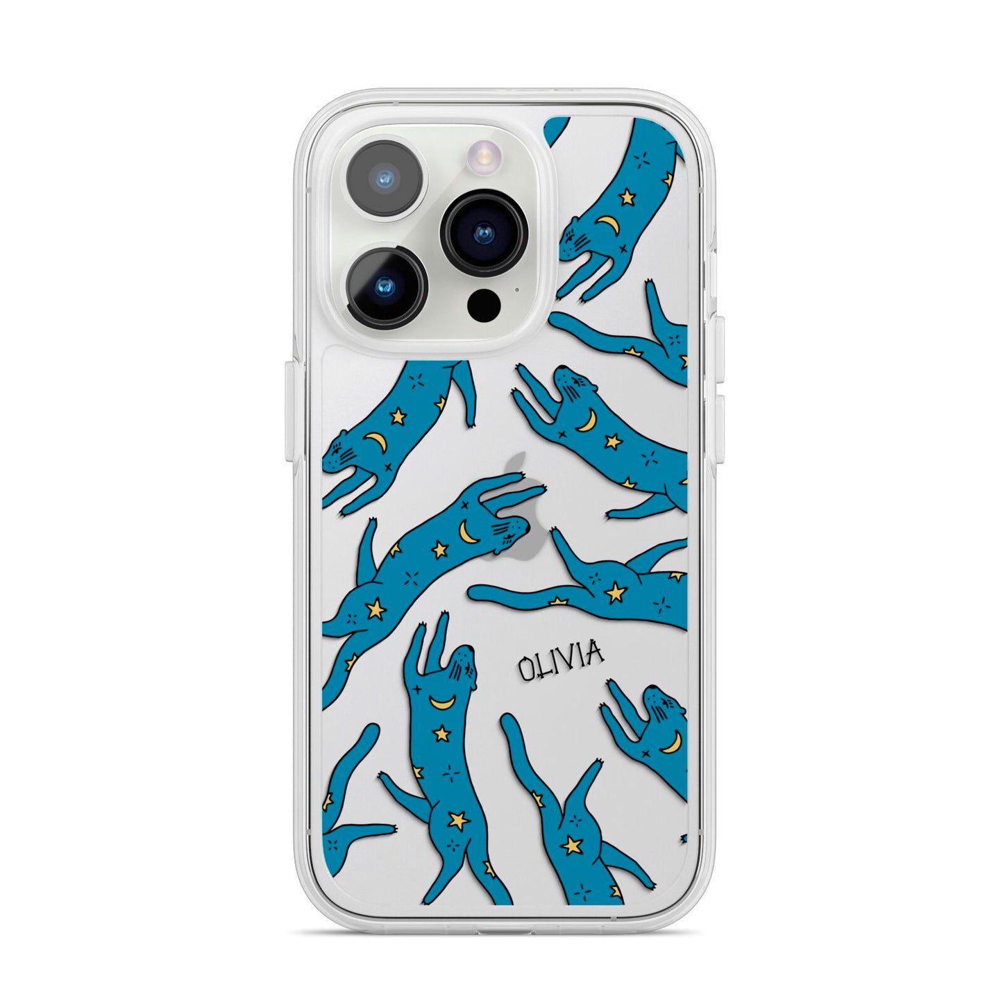 Moon Star Blue Cat Personalised iPhone 14 Pro Clear Tough Case Silver