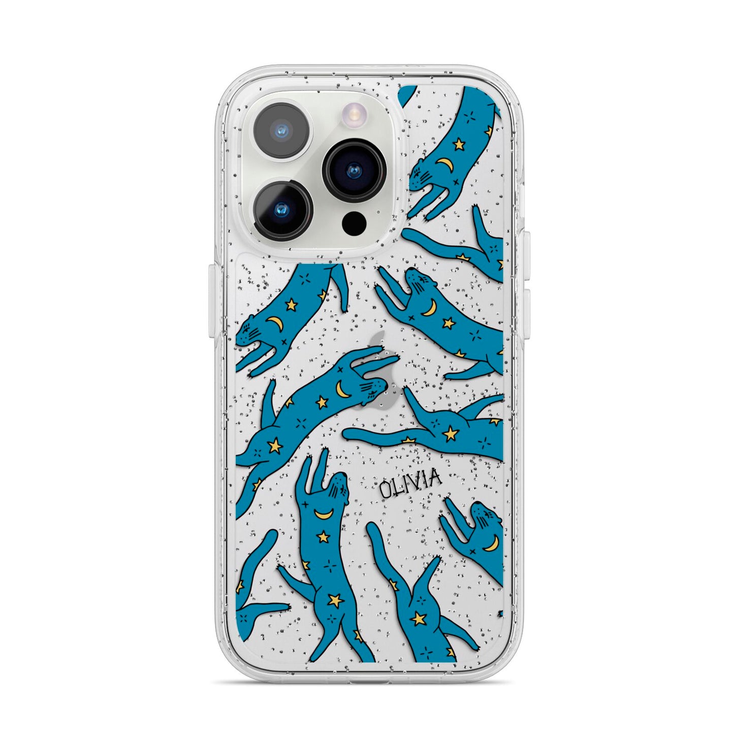 Moon Star Blue Cat Personalised iPhone 14 Pro Glitter Tough Case Silver