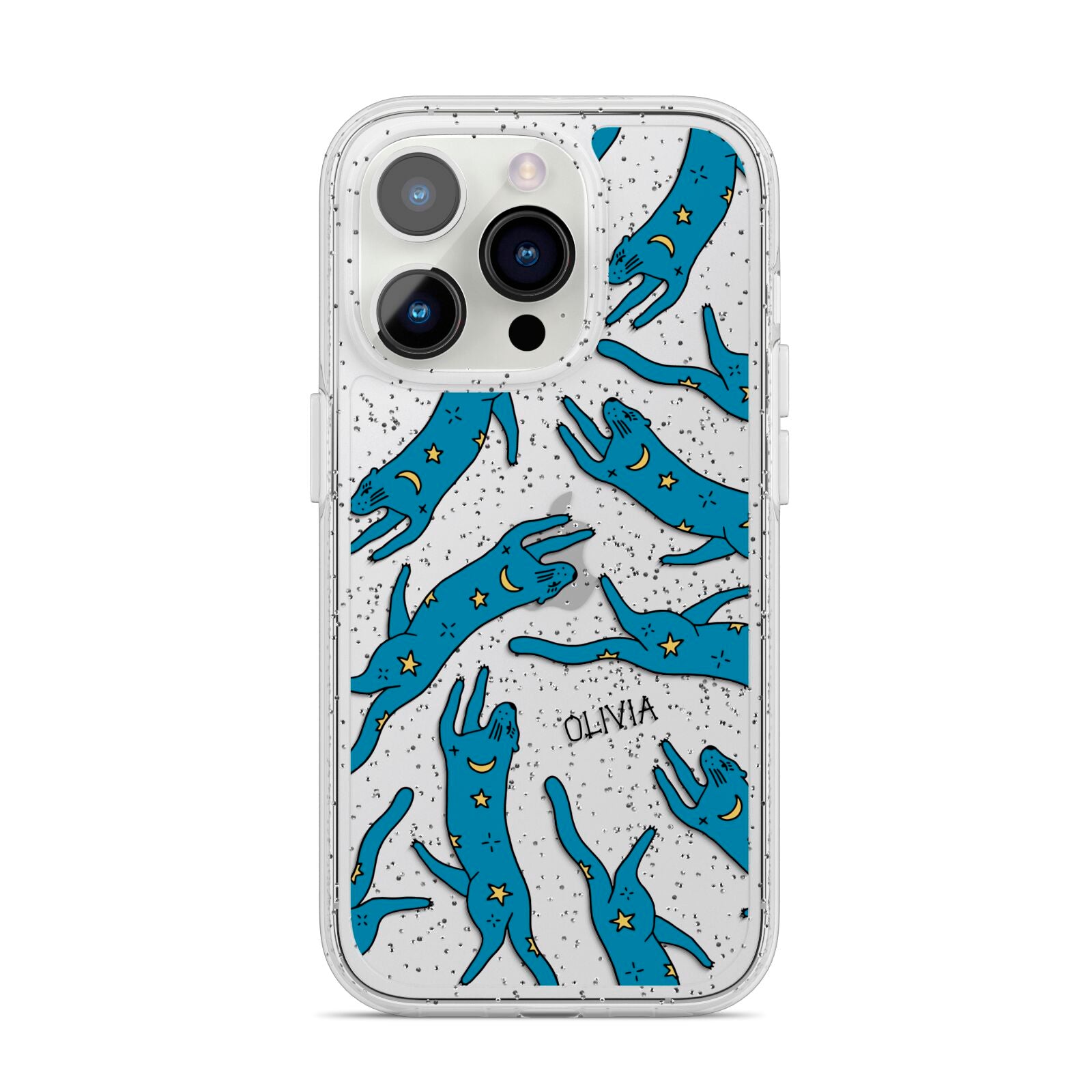 Moon Star Blue Cat Personalised iPhone 14 Pro Glitter Tough Case Silver