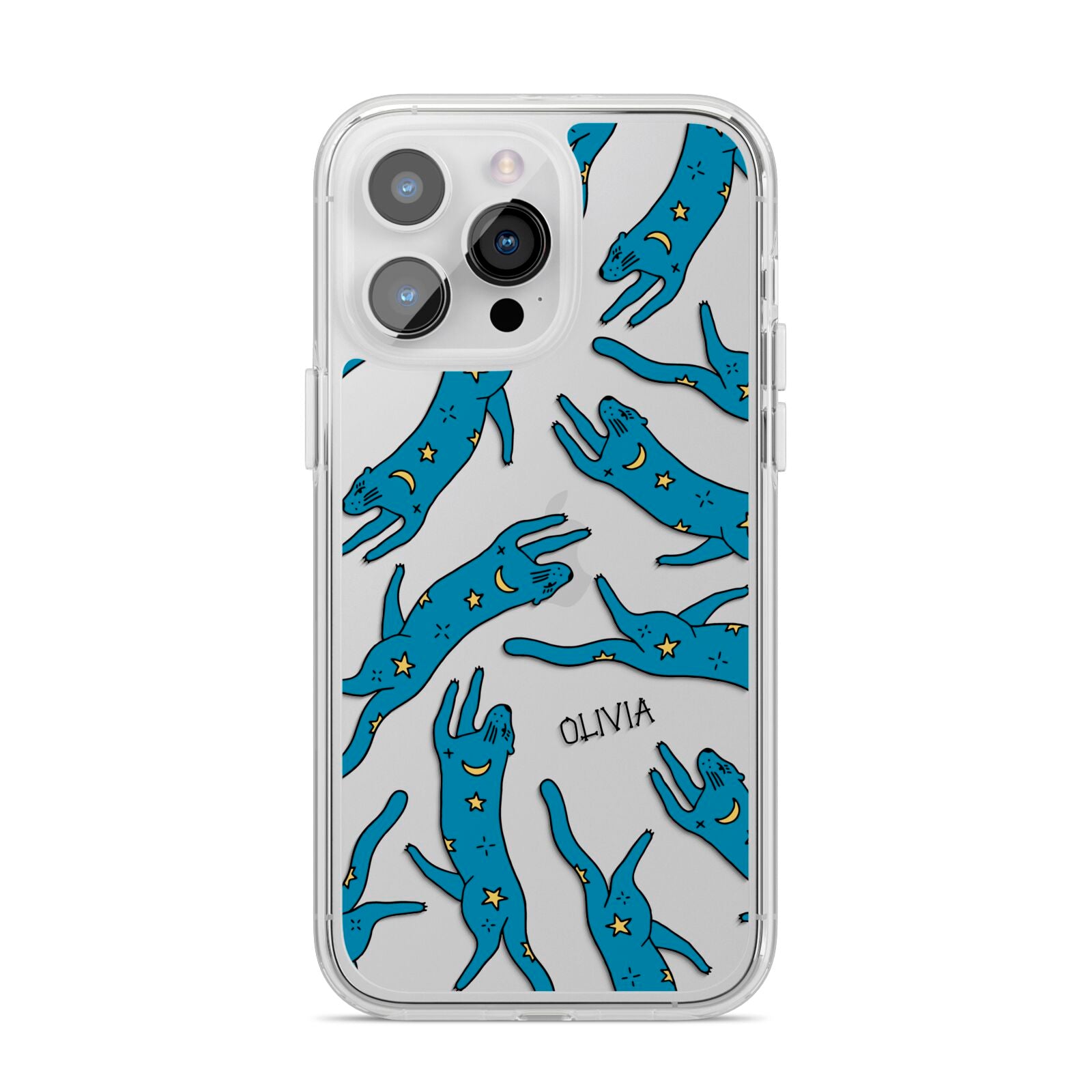 Moon Star Blue Cat Personalised iPhone 14 Pro Max Clear Tough Case Silver