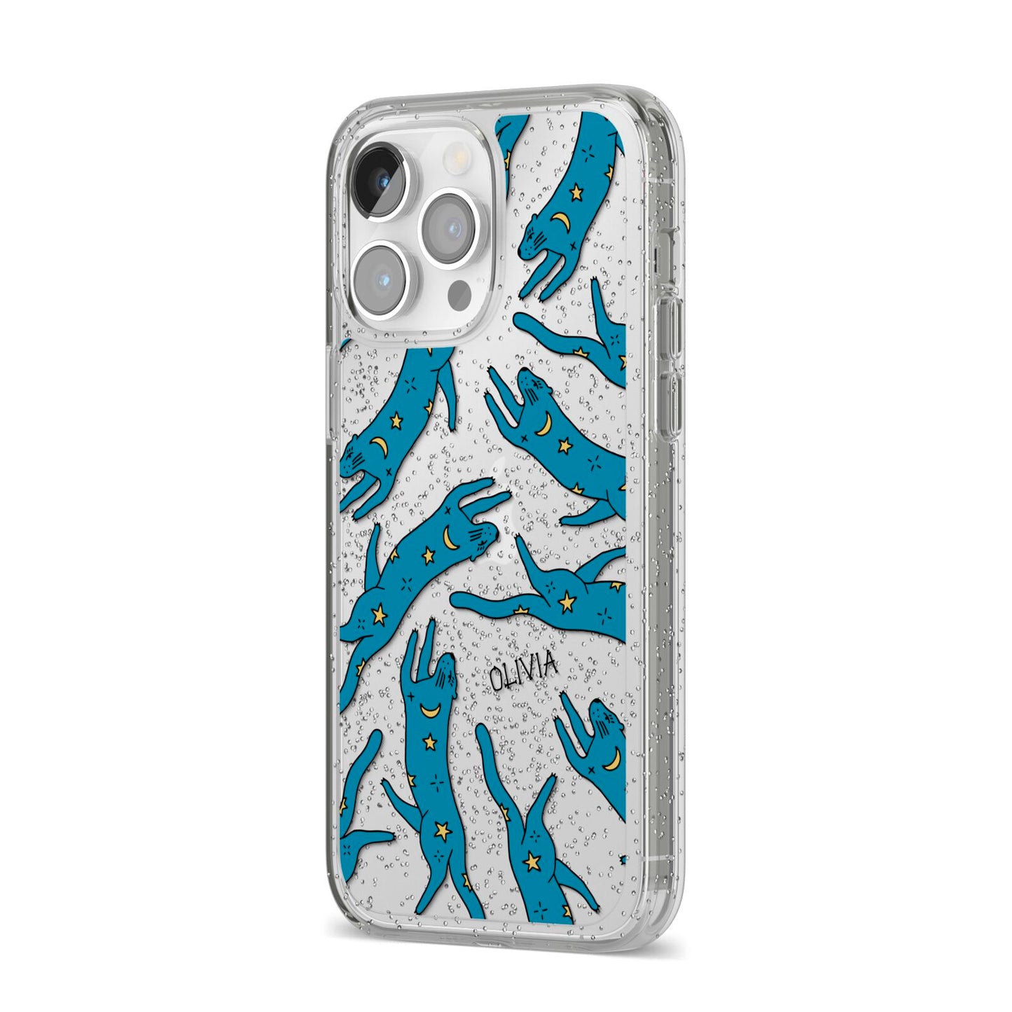 Moon Star Blue Cat Personalised iPhone 14 Pro Max Glitter Tough Case Silver Angled Image