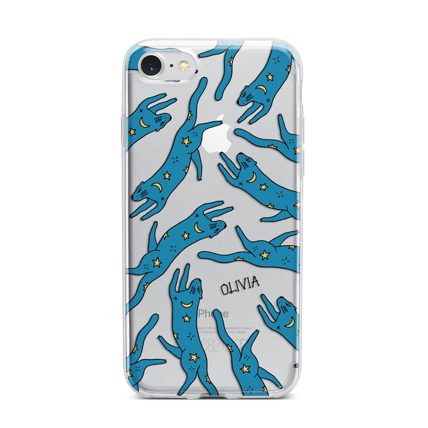 Moon Star Blue Cat Personalised iPhone 7 Bumper Case on Silver iPhone