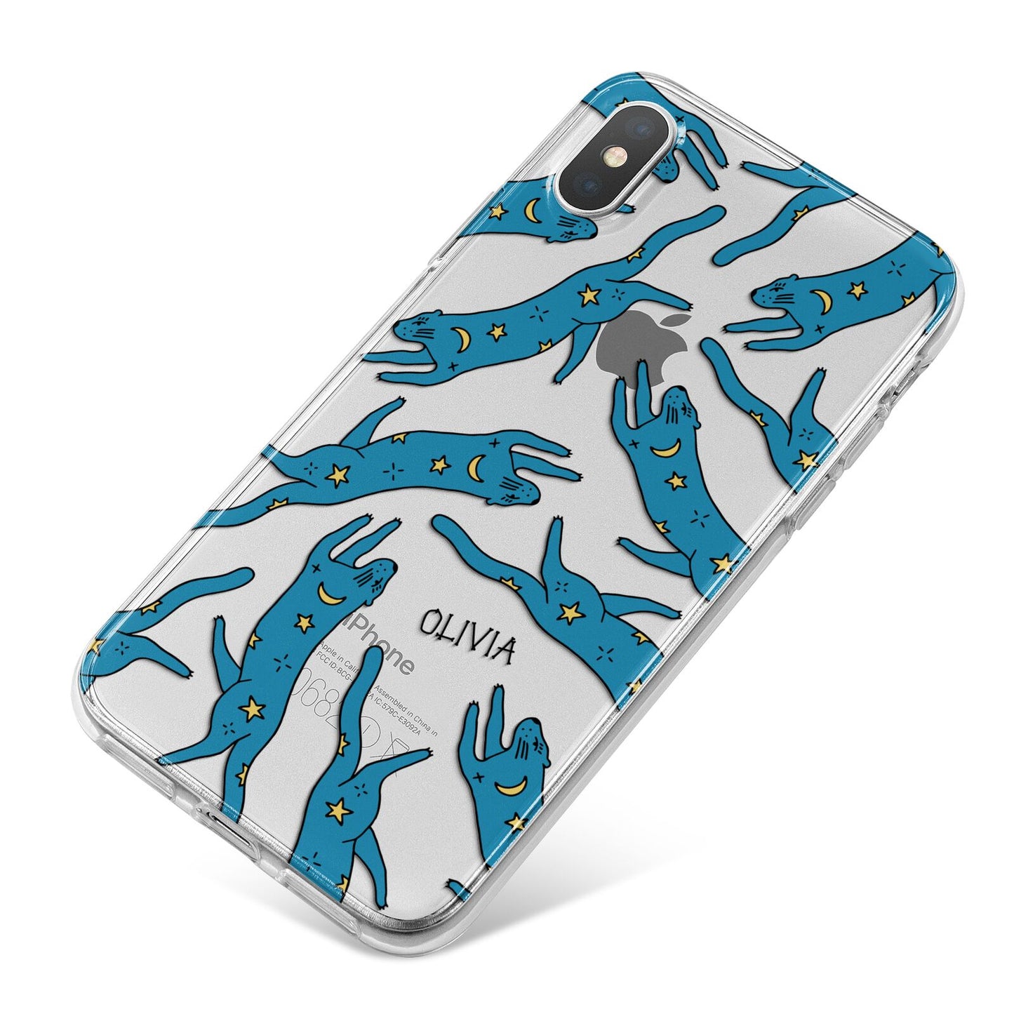 Moon Star Blue Cat Personalised iPhone X Bumper Case on Silver iPhone
