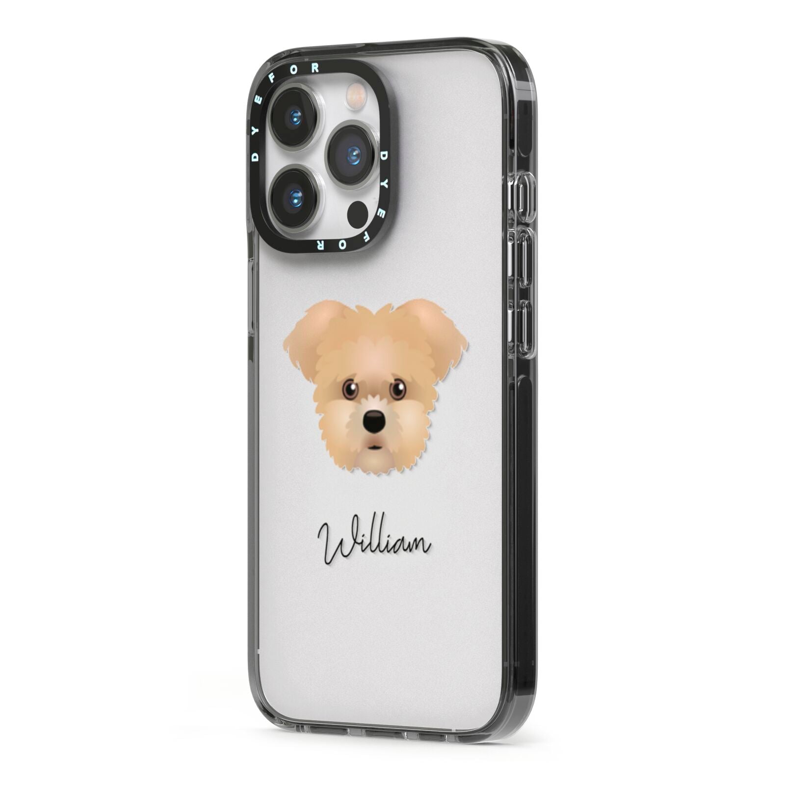 Morkie Personalised iPhone 13 Pro Black Impact Case Side Angle on Silver phone
