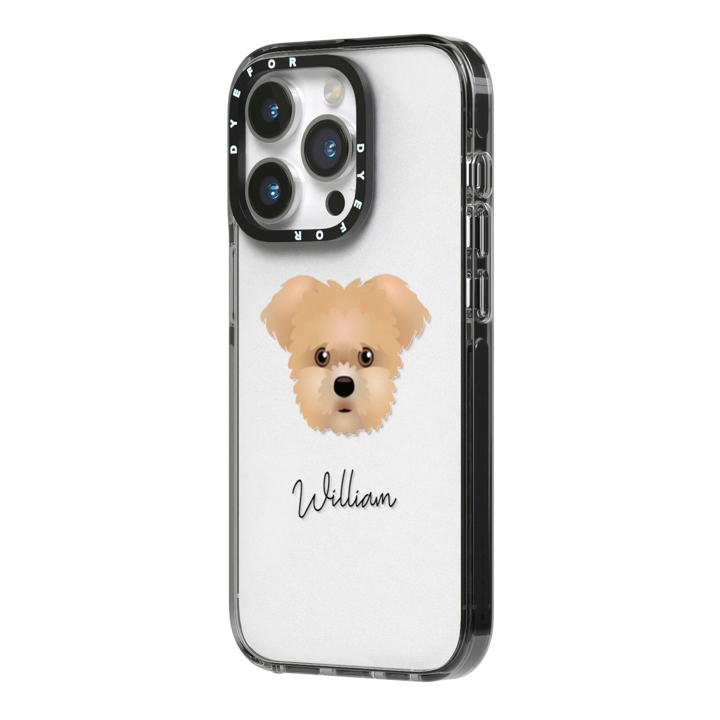 Morkie Personalised iPhone 14 Pro Black Impact Case Side Angle on Silver phone