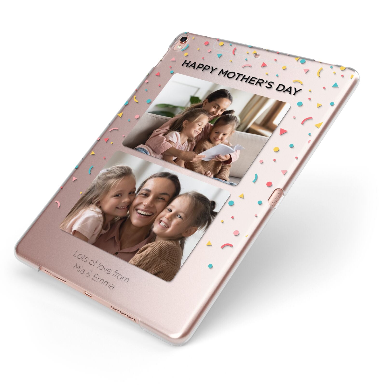 Mothers Day Confetti Photos with Names Apple iPad Case on Rose Gold iPad Side View