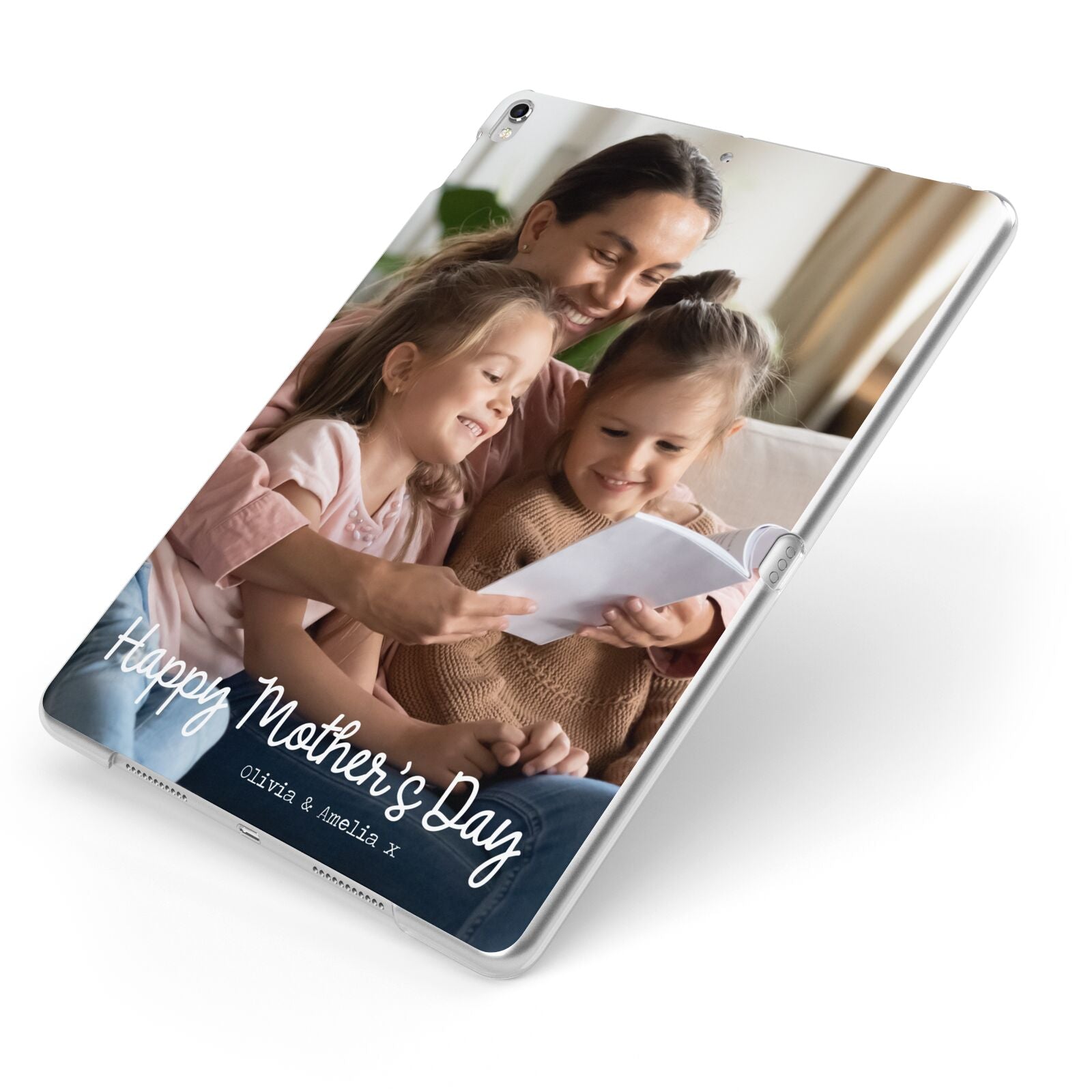 Mothers Day Family Photo with Names Apple iPad Case on Silver iPad Side View