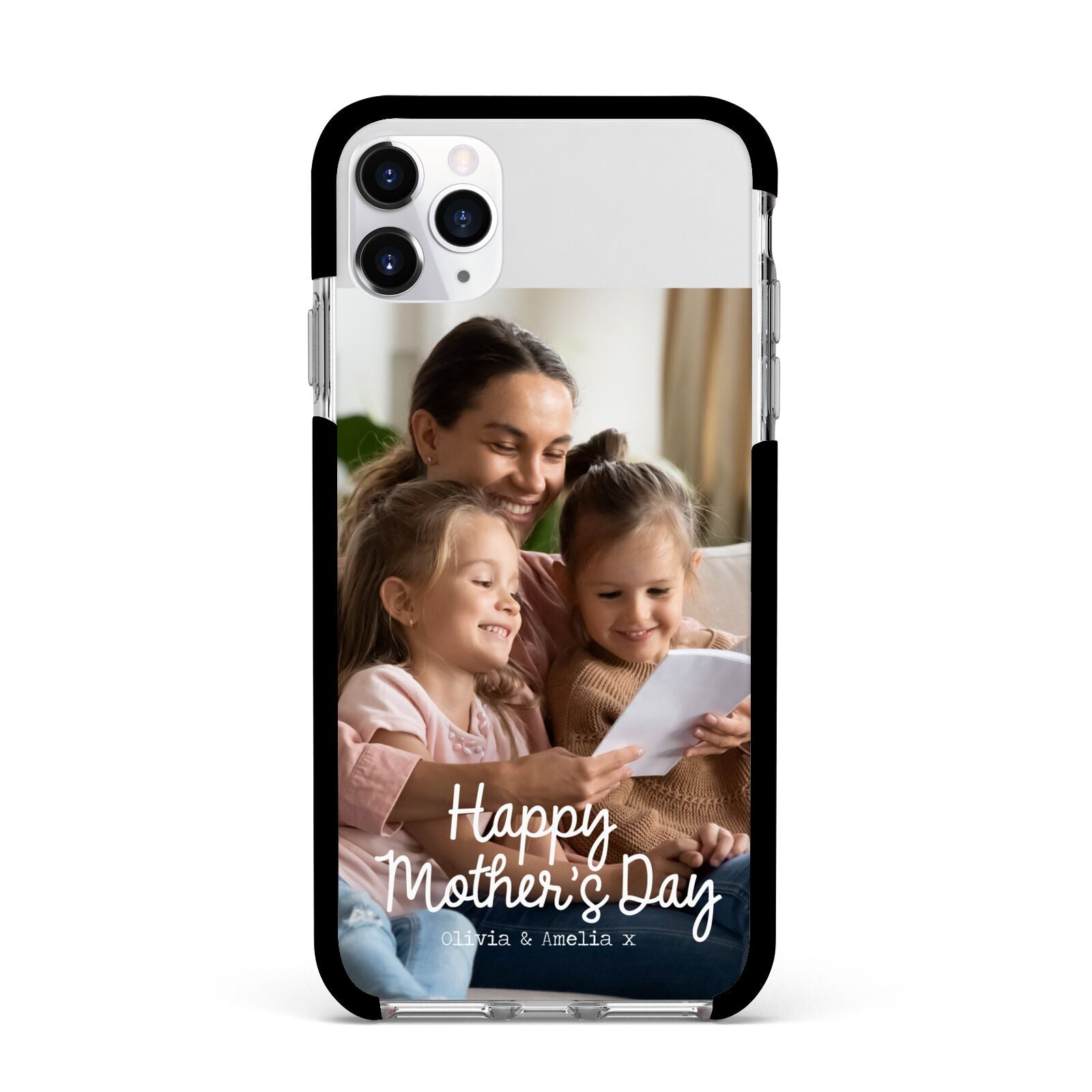 Mothers Day Family Photo with Names Apple iPhone 11 Pro Max in Silver with Black Impact Case