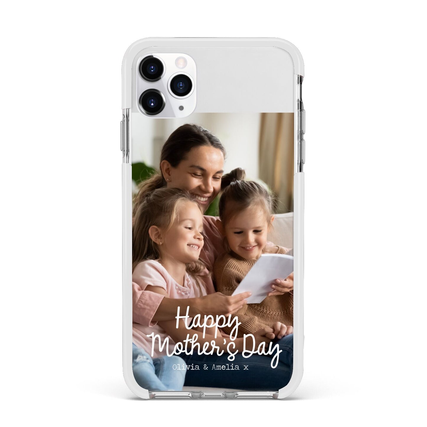 Mothers Day Family Photo with Names Apple iPhone 11 Pro Max in Silver with White Impact Case