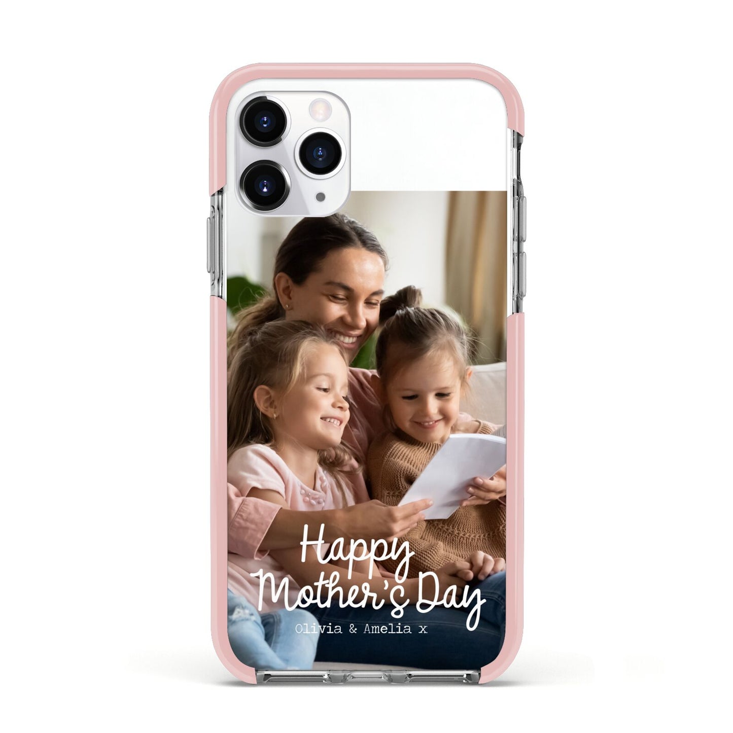 Mothers Day Family Photo with Names Apple iPhone 11 Pro in Silver with Pink Impact Case