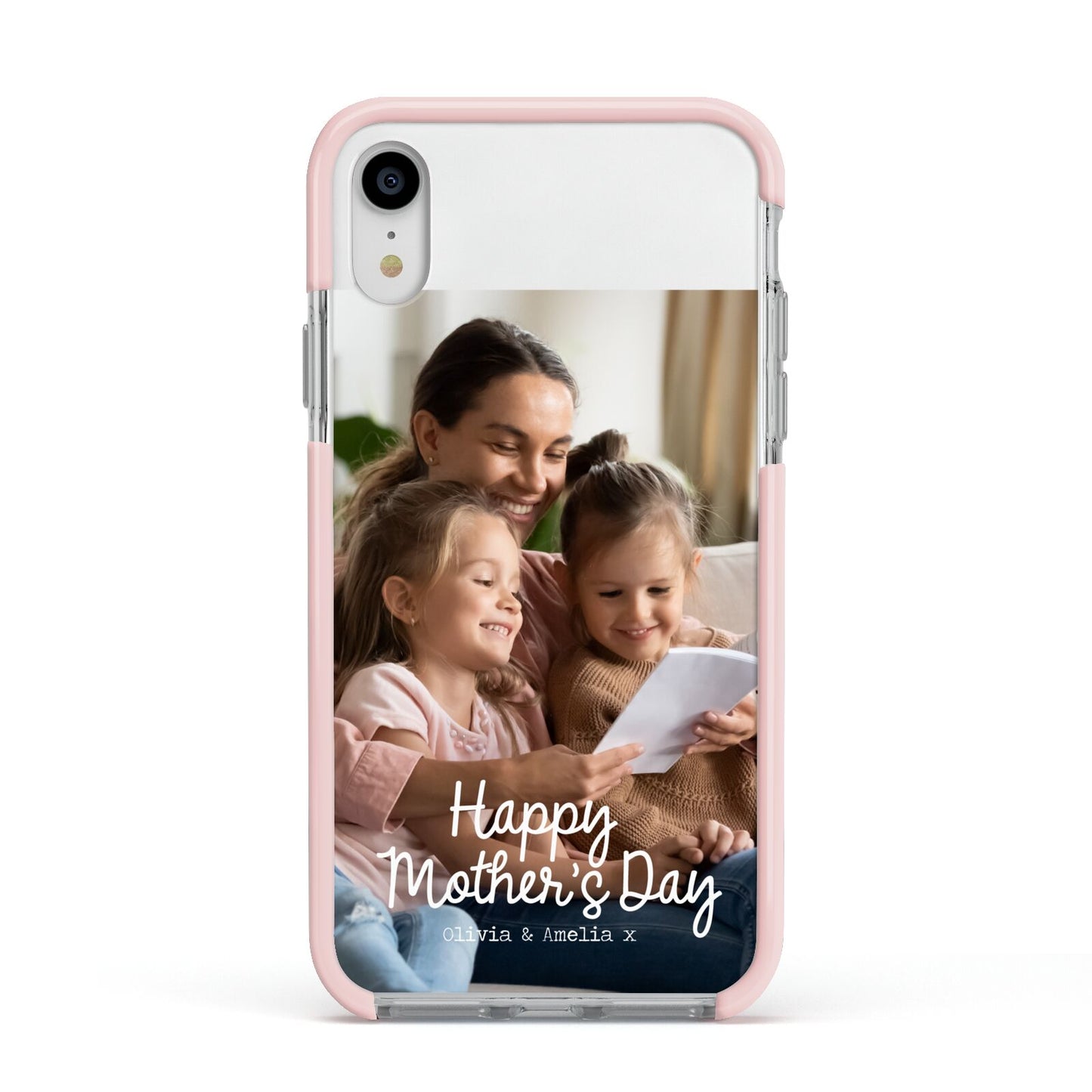 Mothers Day Family Photo with Names Apple iPhone XR Impact Case Pink Edge on Silver Phone
