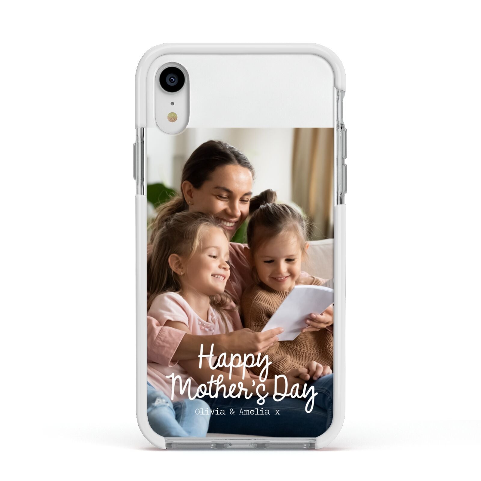 Mothers Day Family Photo with Names Apple iPhone XR Impact Case White Edge on Silver Phone