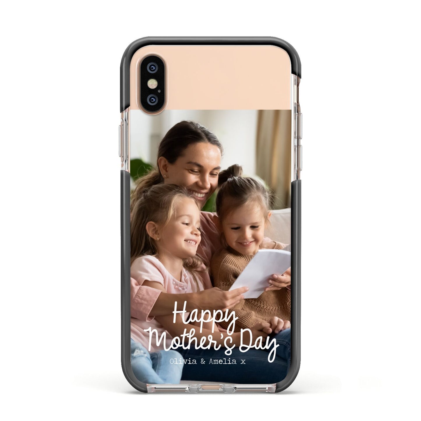 Mothers Day Family Photo with Names Apple iPhone Xs Impact Case Black Edge on Gold Phone