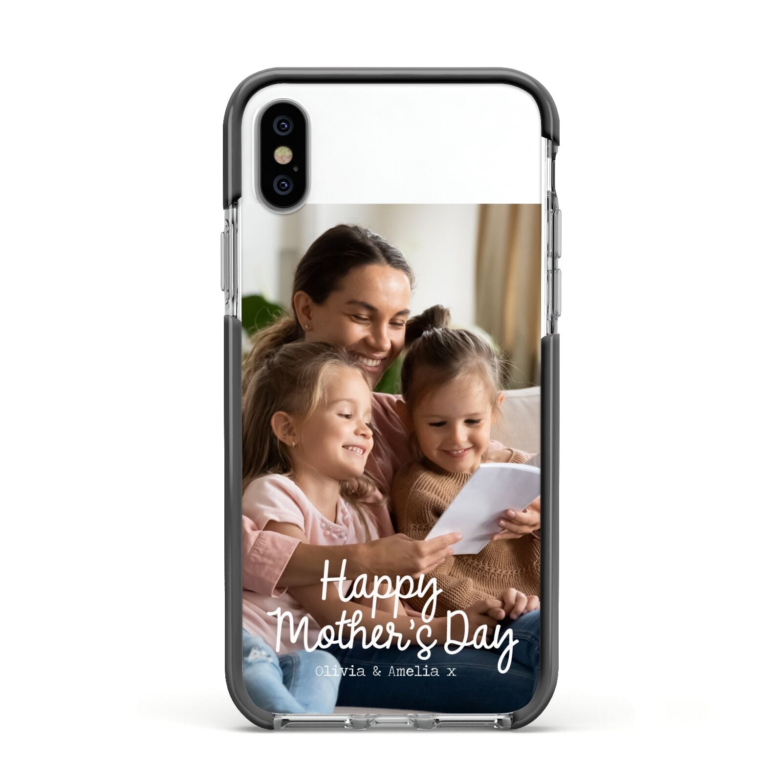 Mothers Day Family Photo with Names Apple iPhone Xs Impact Case Black Edge on Silver Phone