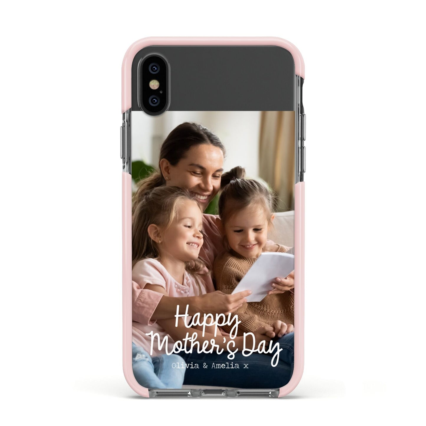 Mothers Day Family Photo with Names Apple iPhone Xs Impact Case Pink Edge on Black Phone