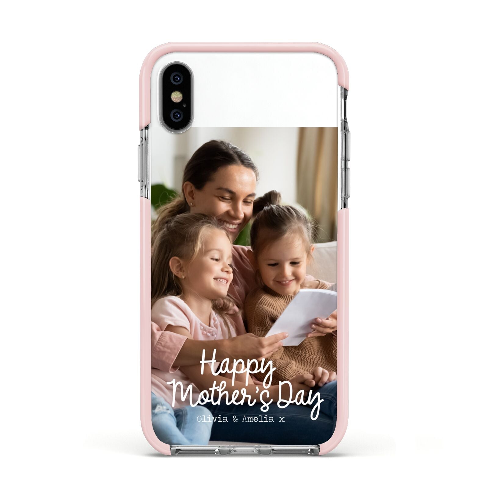 Mothers Day Family Photo with Names Apple iPhone Xs Impact Case Pink Edge on Silver Phone