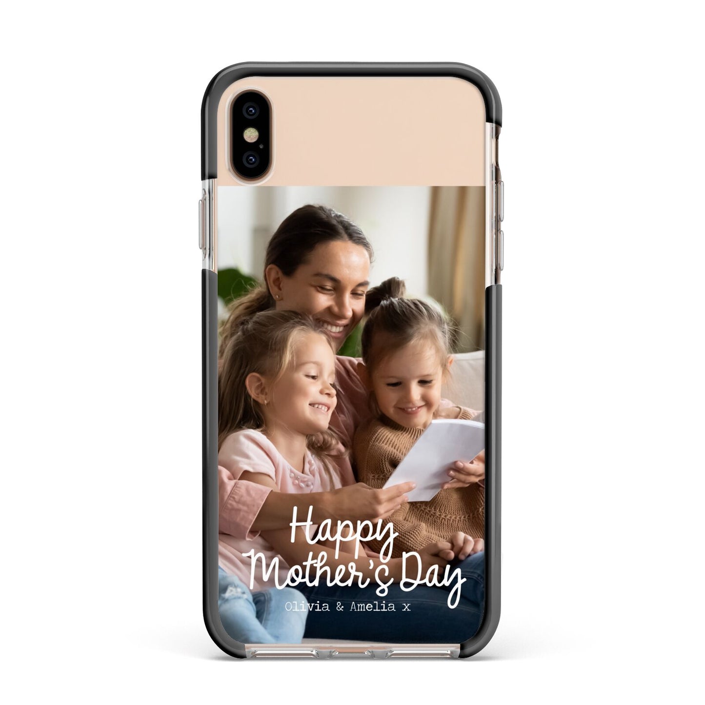 Mothers Day Family Photo with Names Apple iPhone Xs Max Impact Case Black Edge on Gold Phone