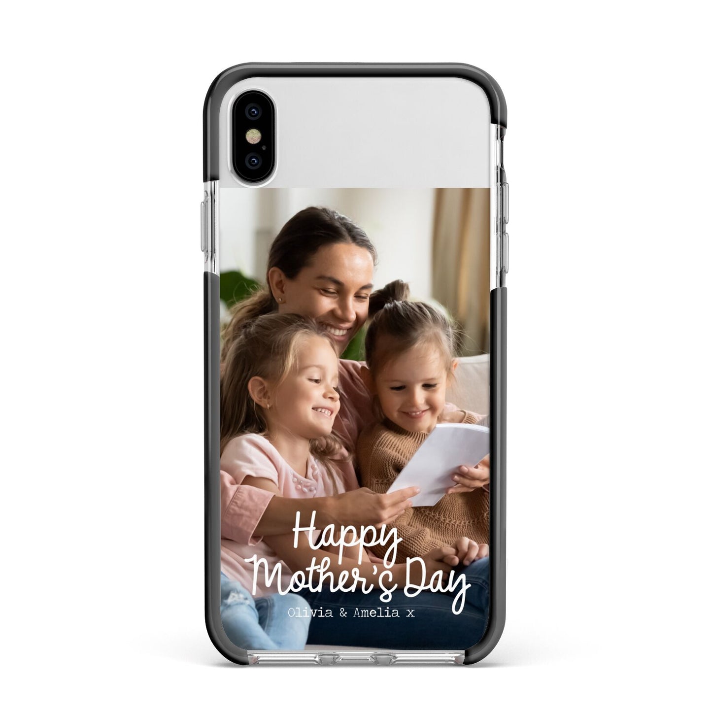 Mothers Day Family Photo with Names Apple iPhone Xs Max Impact Case Black Edge on Silver Phone