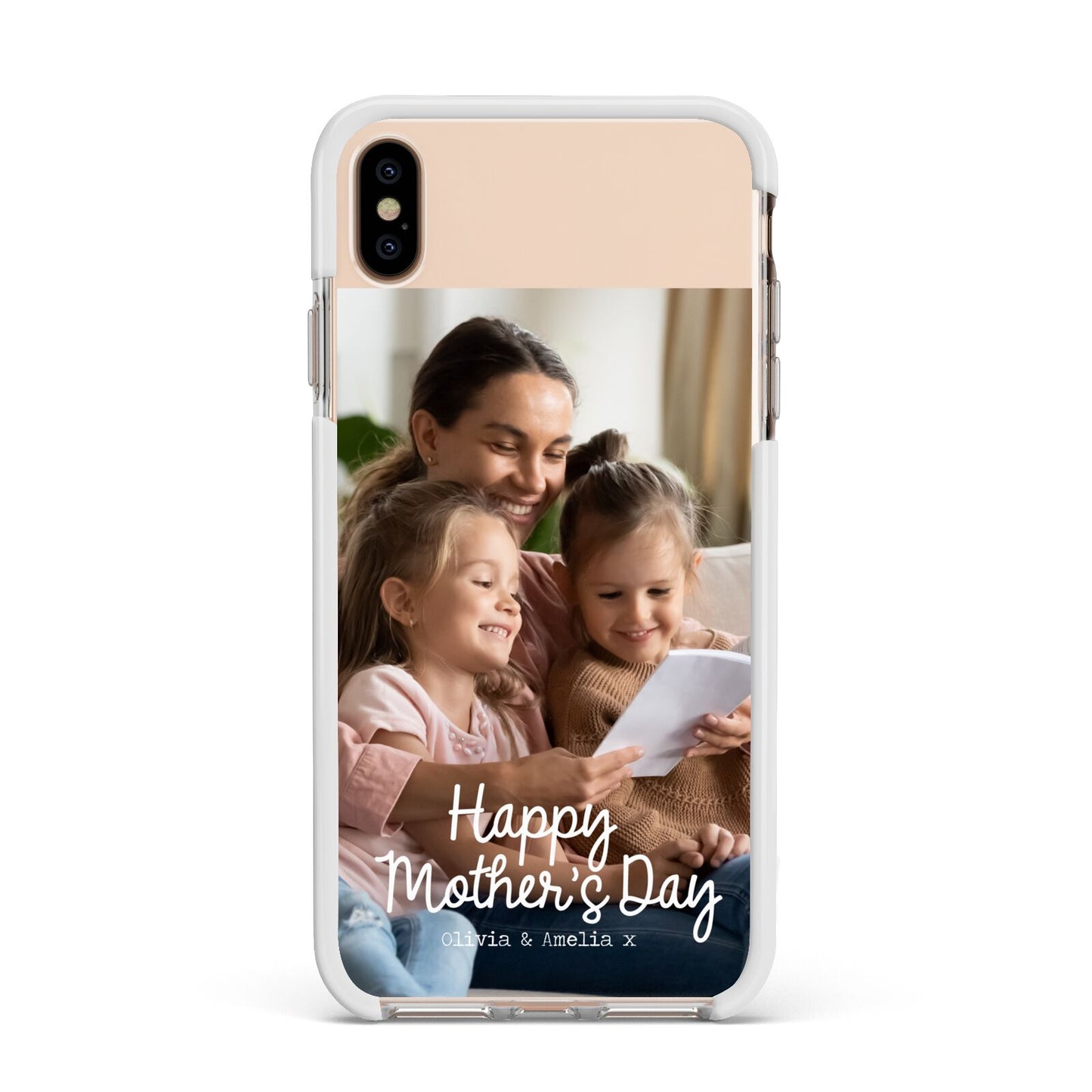 Mothers Day Family Photo with Names Apple iPhone Xs Max Impact Case White Edge on Gold Phone