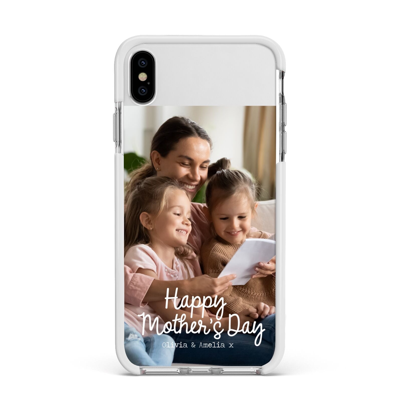 Mothers Day Family Photo with Names Apple iPhone Xs Max Impact Case White Edge on Silver Phone