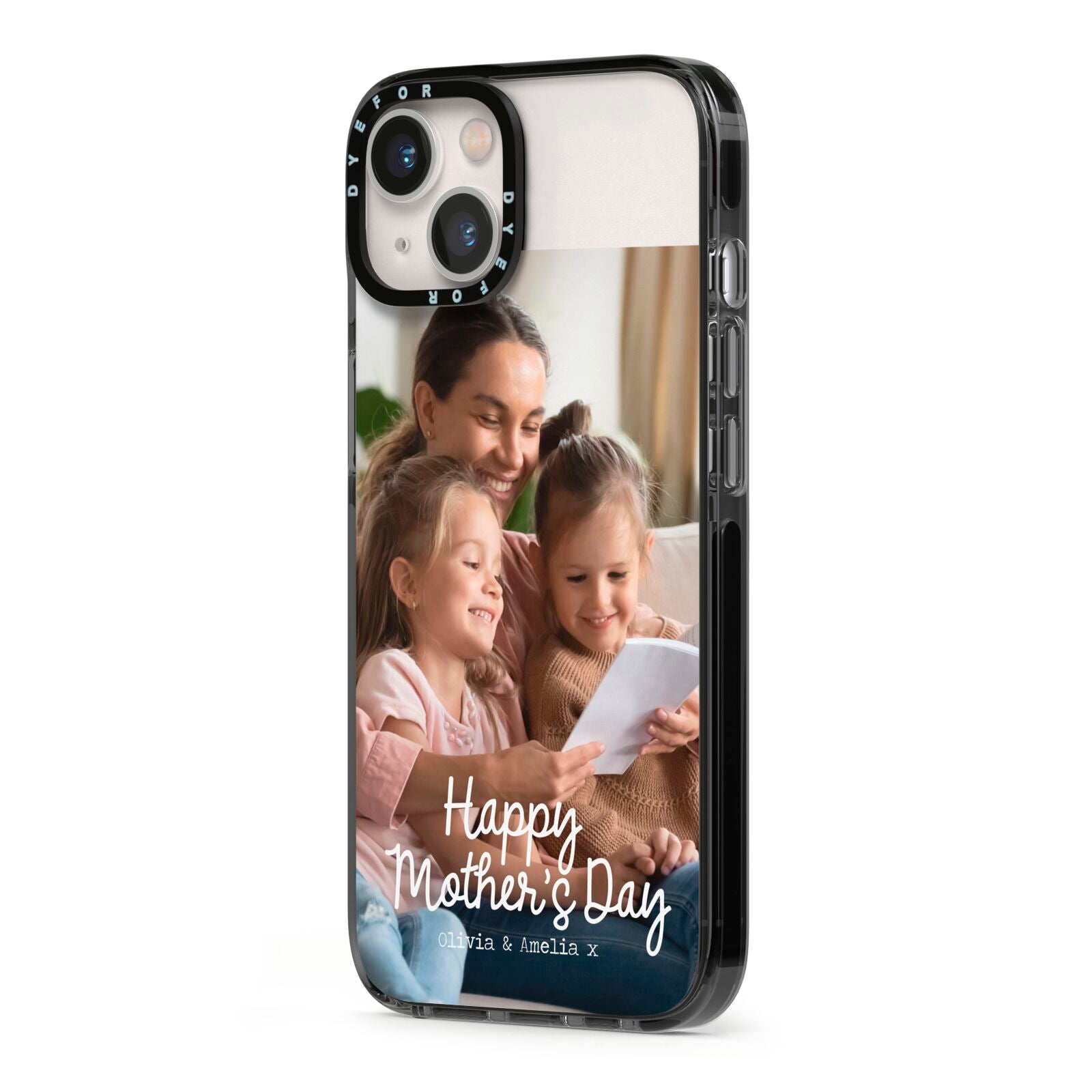 Mothers Day Family Photo with Names iPhone 13 Black Impact Case Side Angle on Silver phone