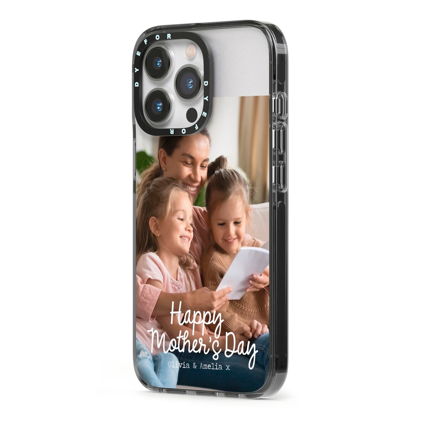 Mothers Day Family Photo with Names iPhone 13 Pro Black Impact Case Side Angle on Silver phone