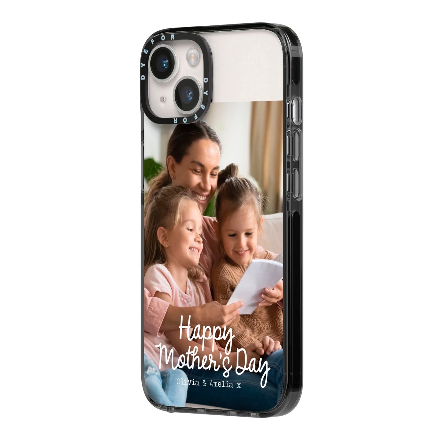 Mothers Day Family Photo with Names iPhone 14 Black Impact Case Side Angle on Silver phone