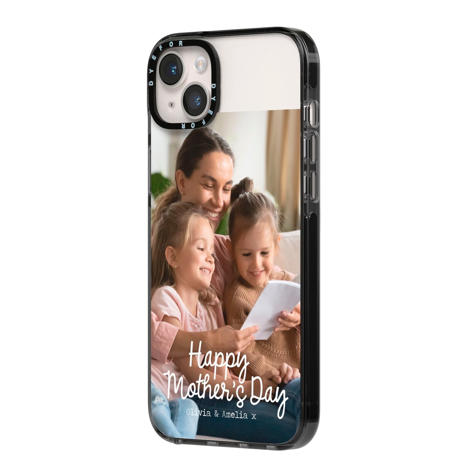 Mothers Day Family Photo with Names iPhone 14 Plus Black Impact Case Side Angle on Silver phone