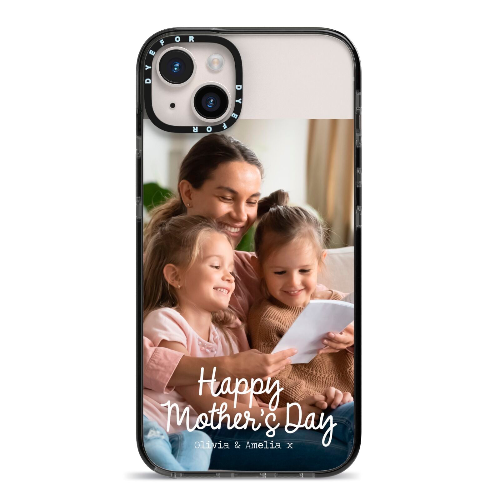 Mothers Day Family Photo with Names iPhone 14 Plus Black Impact Case on Silver phone