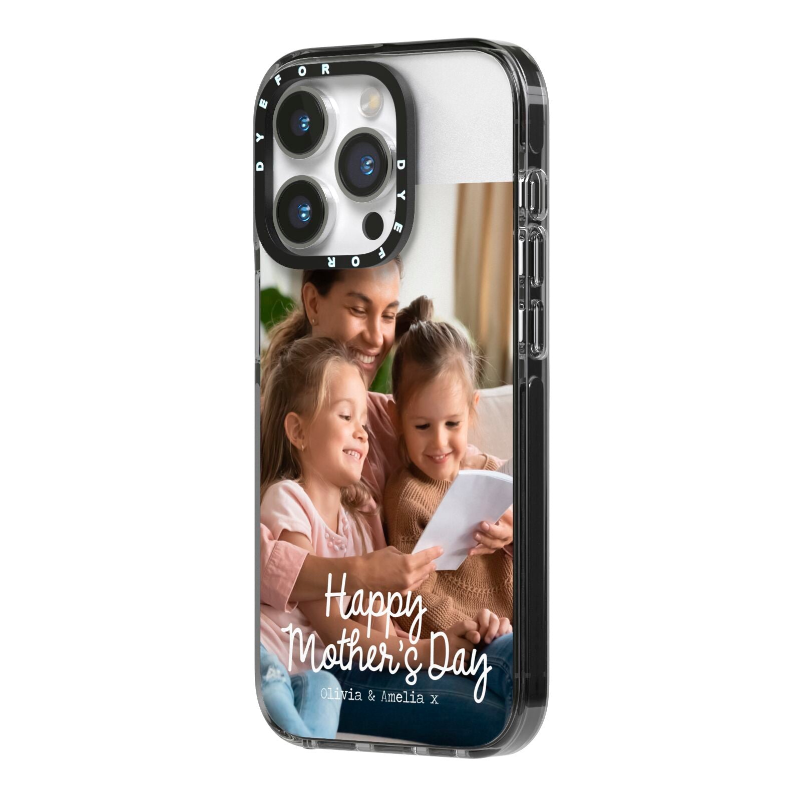 Mothers Day Family Photo with Names iPhone 14 Pro Black Impact Case Side Angle on Silver phone