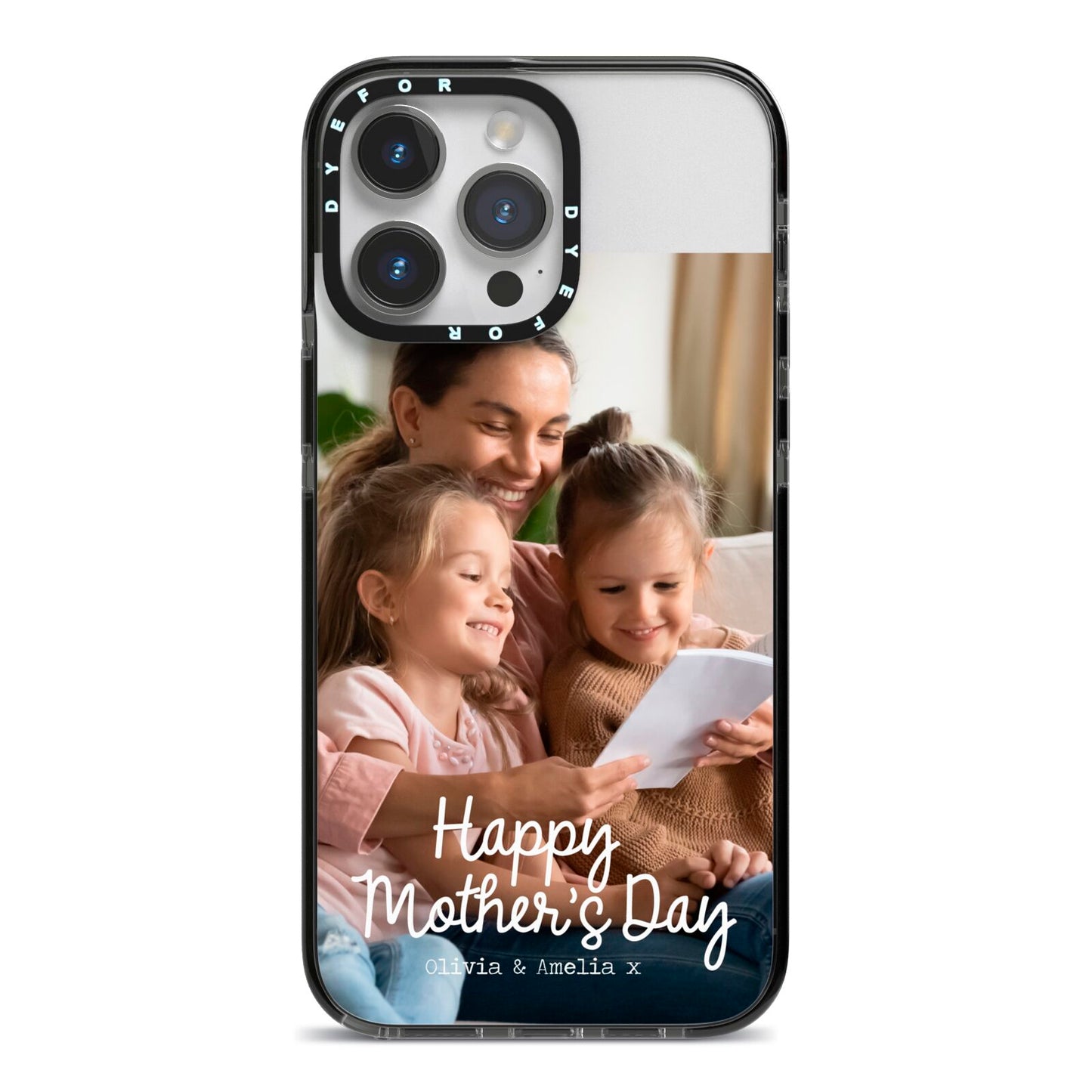 Mothers Day Family Photo with Names iPhone 14 Pro Max Black Impact Case on Silver phone