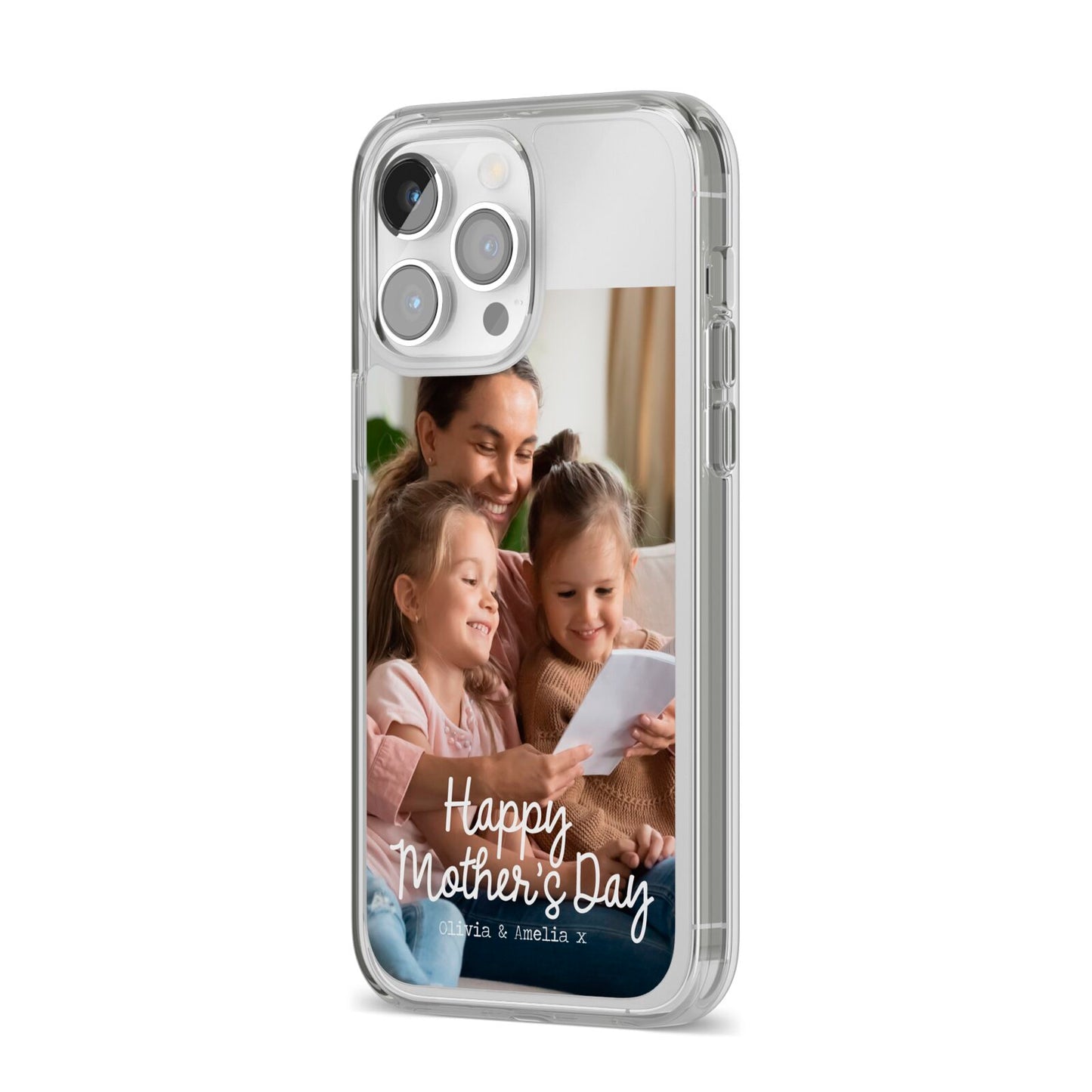 Mothers Day Family Photo with Names iPhone 14 Pro Max Clear Tough Case Silver Angled Image