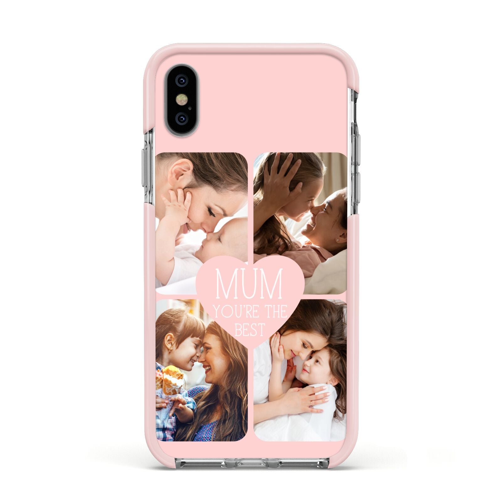 Mothers Day Four Photo Upload Apple iPhone Xs Impact Case Pink Edge on Silver Phone