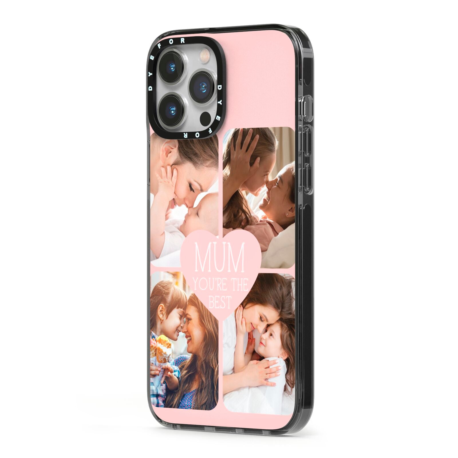 Mothers Day Four Photo Upload iPhone 13 Pro Max Black Impact Case Side Angle on Silver phone
