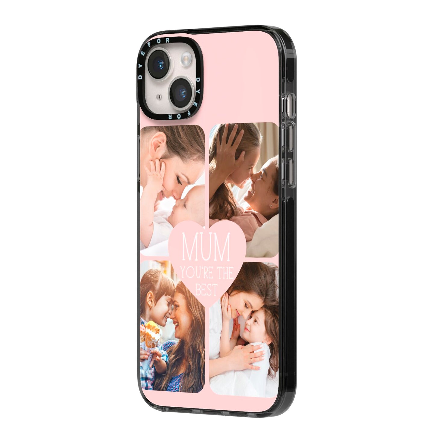 Mothers Day Four Photo Upload iPhone 14 Plus Black Impact Case Side Angle on Silver phone