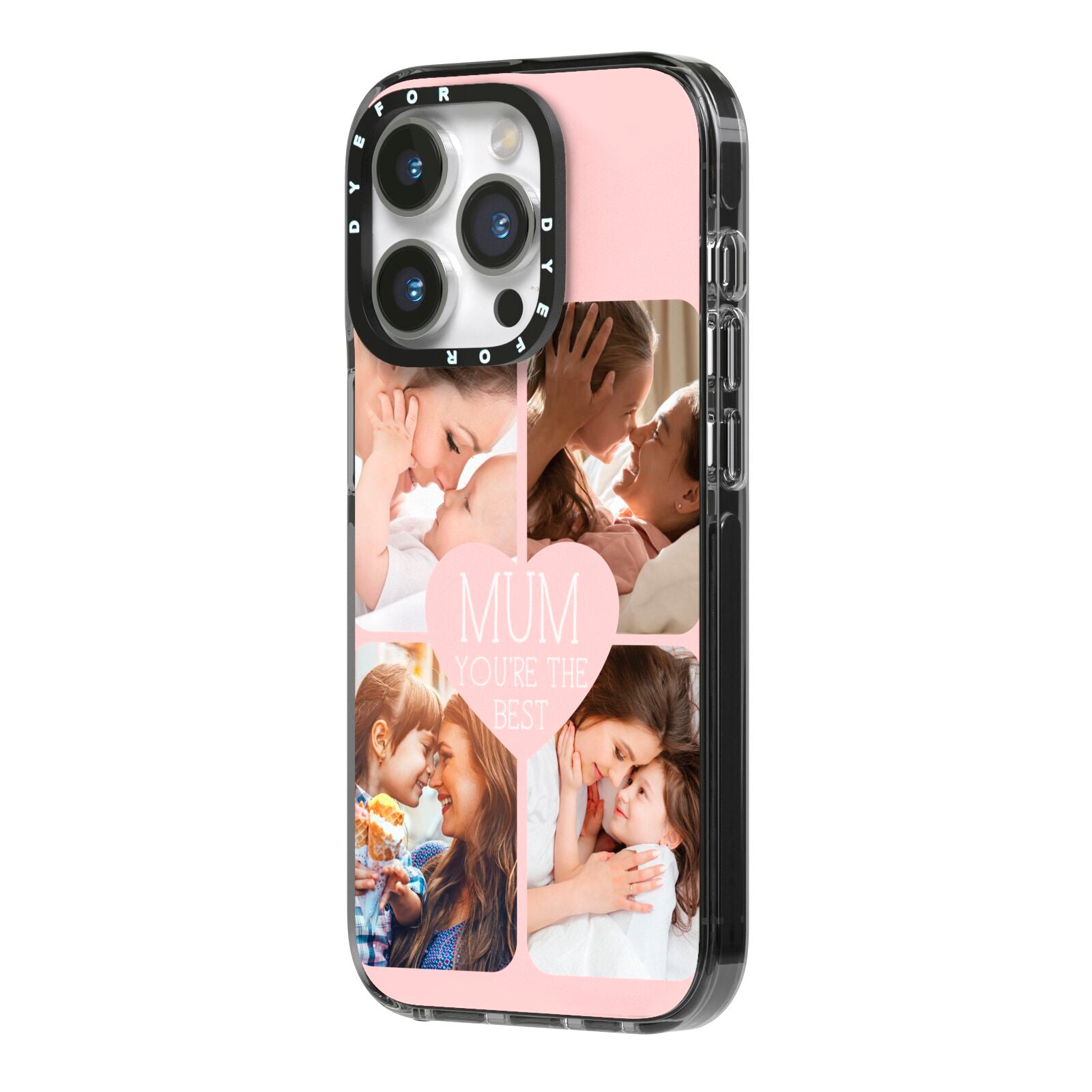 Mothers Day Four Photo Upload iPhone 14 Pro Black Impact Case Side Angle on Silver phone