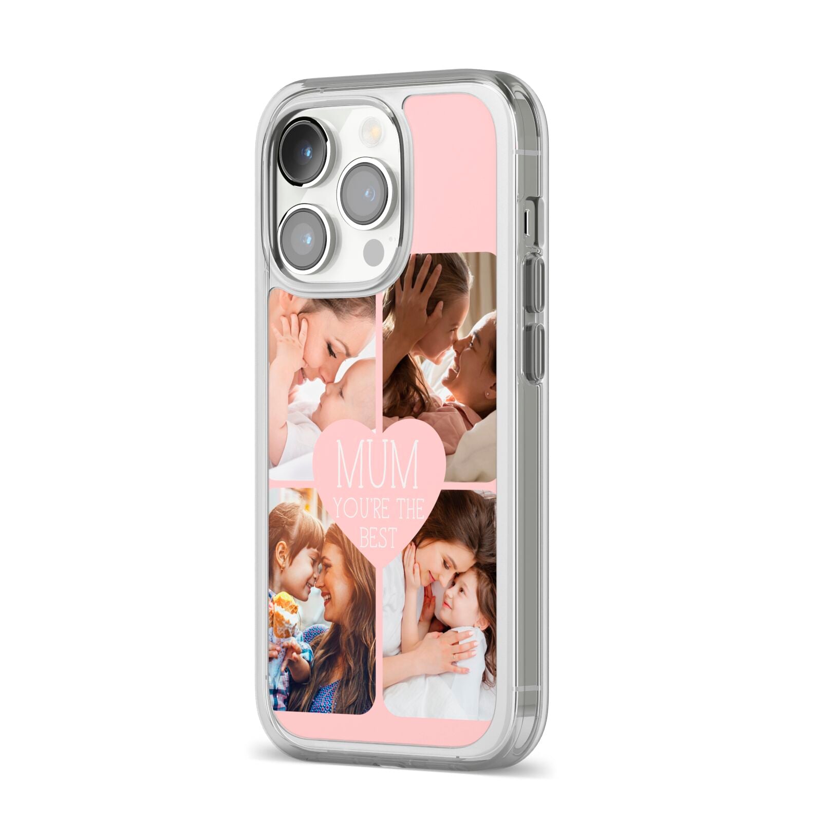 Mothers Day Four Photo Upload iPhone 14 Pro Clear Tough Case Silver Angled Image