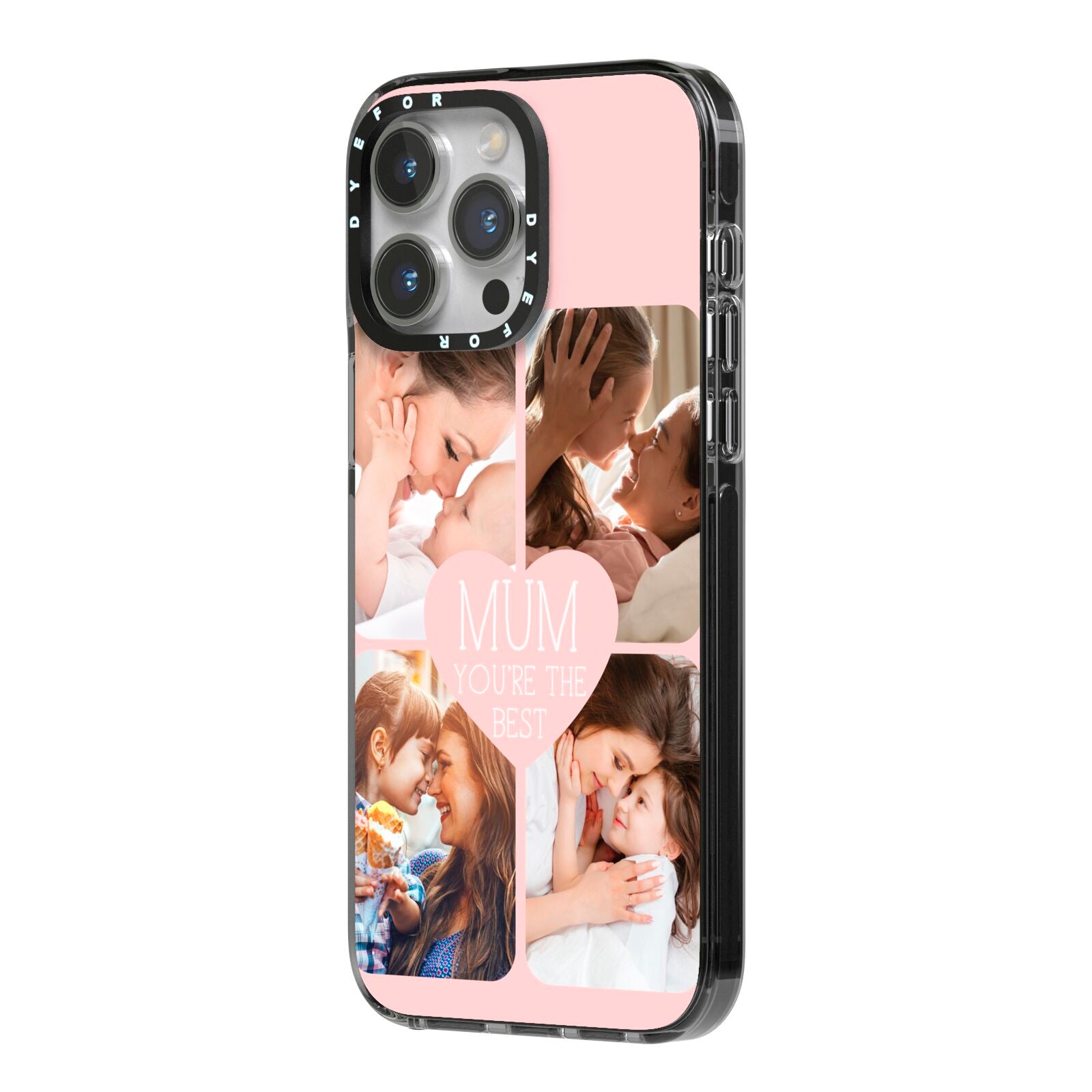 Mothers Day Four Photo Upload iPhone 14 Pro Max Black Impact Case Side Angle on Silver phone