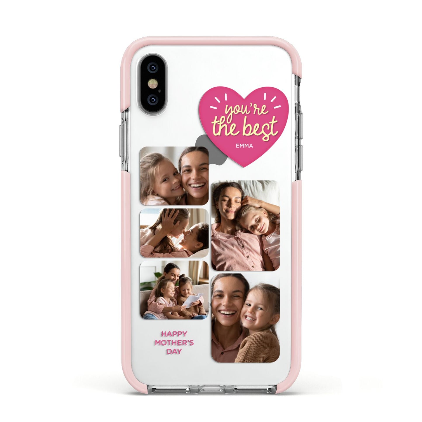 Mothers Day Multi Photo Strip Apple iPhone Xs Impact Case Pink Edge on Silver Phone
