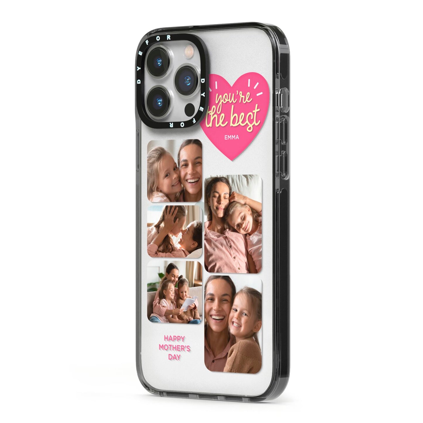 Mothers Day Multi Photo Strip iPhone 13 Pro Max Black Impact Case Side Angle on Silver phone