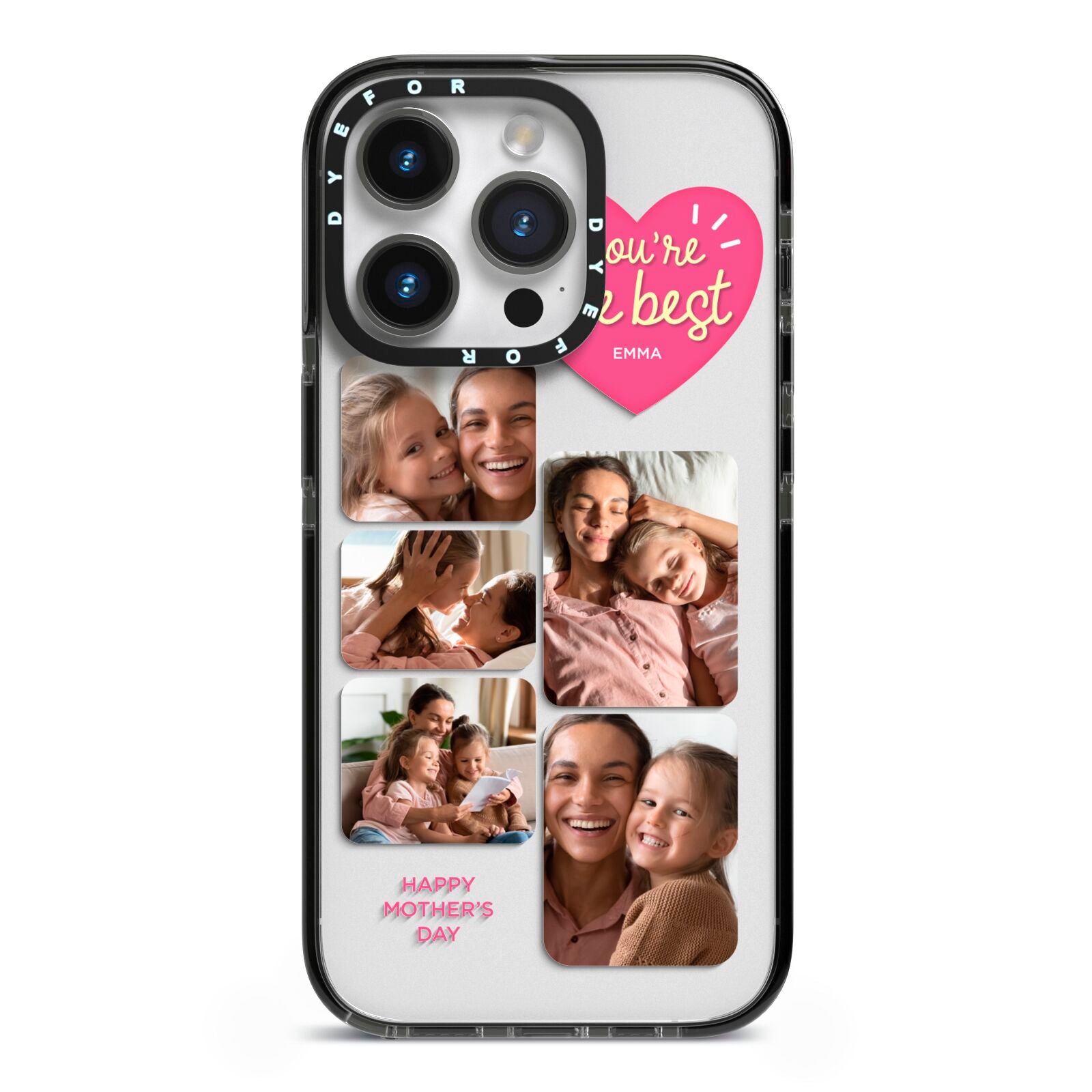 Mothers Day Multi Photo Strip iPhone 14 Pro Black Impact Case on Silver phone